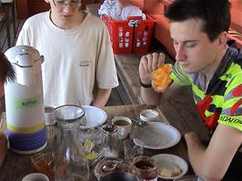 Tao particularly enjoys the Swiss jams for his late breakfast at Mariastein-Rotberg Youth Hostel